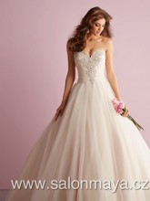 VÝPRODEJ 14900 Kč - Korzetové šaty značky Allure Bridals v barvě champagne (světle růžové, blush) s bohatou tylovou sukní, srdíčkový výstřih, top je zdoben kamínky do tvaru  V 